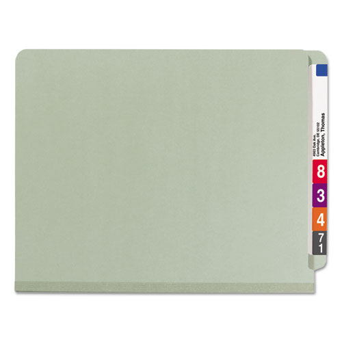 Picture of End Tab Pressboard Classification Folders, Four SafeSHIELD Fasteners, 2" Expansion, 1 Divider, Letter Size, Gray-Green, 10/BX