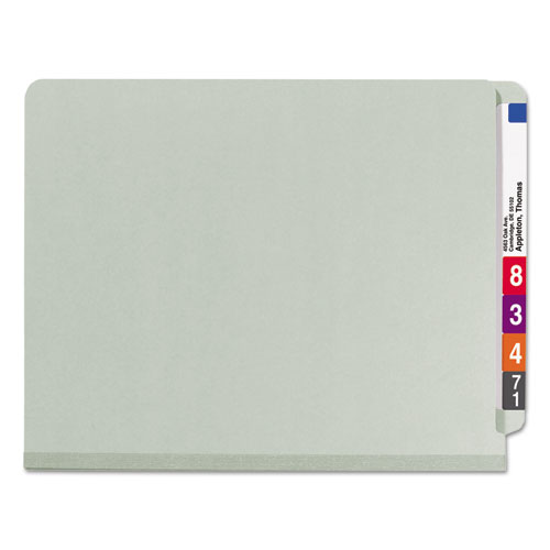 Picture of End Tab Pressboard Classification Folder, Eight SafeSHIELD Fasteners, 3" Expansion, 3 Dividers, Letter Size, Gray-Green,10/BX