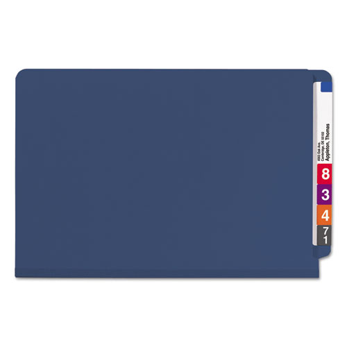 Picture of End Tab Pressboard Classification Folders, Six SafeSHIELD Fasteners, 2" Expansion, 2 Dividers, Legal Size, Dark Blue, 10/Box