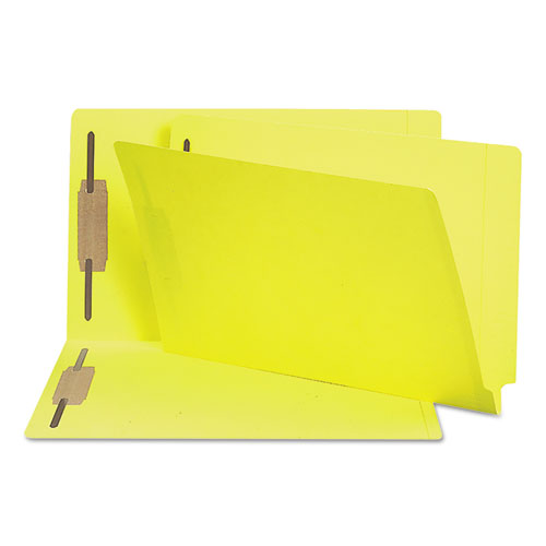 Picture of Heavyweight Colored End Tab Fastener Folders, 0.75" Expansion, 2 Fasteners, Legal Size, Yellow Exterior, 50/Box