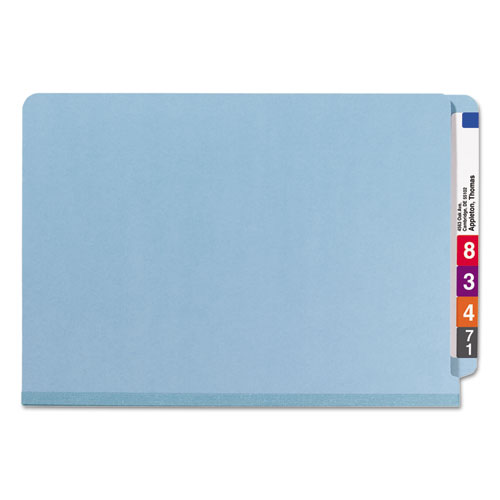 Picture of End Tab Pressboard Classification Folders, Six SafeSHIELD Fasteners, 2" Expansion, 2 Dividers, Legal Size, Blue, 10/Box