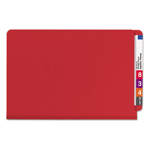 Picture of End Tab Pressboard Classification Folders, Six SafeSHIELD Fasteners, 2" Expansion, 2 Dividers, Legal Size, Bright Red, 10/Box