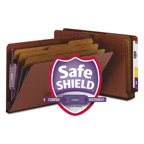 Picture of End Tab Pressboard Classification Folders, Eight SafeSHIELD Fasteners, 3" Expansion, 3 Dividers, Legal Size, Red, 10/Box