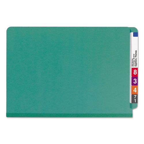 Picture of End Tab Pressboard Classification Folders, Six SafeSHIELD Fasteners, 2" Expansion, 2 Dividers, Legal Size, Green, 10/Box