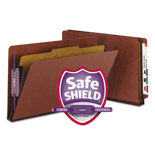 Picture of End Tab Pressboard Classification Folders, Four SafeSHIELD Fasteners, 2" Expansion, 1 Divider, Legal Size, Red, 10/Box