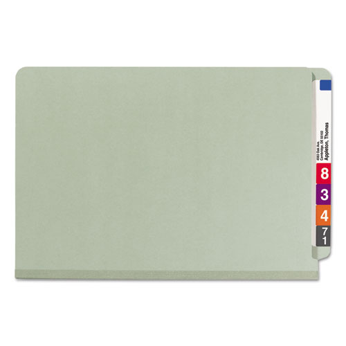 Picture of End Tab Pressboard Classification Folders, Four SafeSHIELD Fasteners, 2" Expansion, 1 Divider, Legal Size, Gray-Green, 10/Box