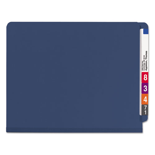 Picture of End Tab Pressboard Classification Folders, Six SafeSHIELD Fasteners, 2" Expansion, 2 Dividers, Letter Size, Dark Blue, 10/Box