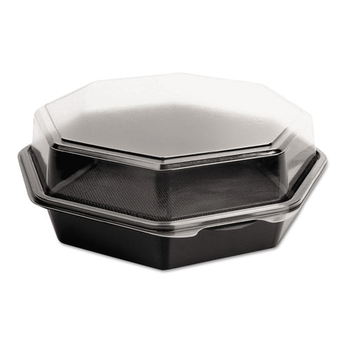 Picture of OctaView Hinged-Lid Cold Food Containers, 42 oz, 9.57 x 9.2 x 3.2, Black/Clear, Plastic, 100/Carton