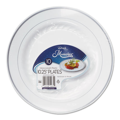 Picture of Masterpiece Plastic Plates, 10.25" dia, White with Silver Accents, Round, 10/Pack, 12 Packs/Carton