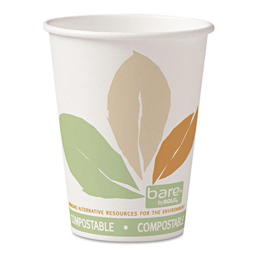 Picture of Bare Eco-Forward PLA Paper Hot Cups, 12 oz, Leaf Design, White/Green/Orange, 50/Bag, 20 Bags/Carton