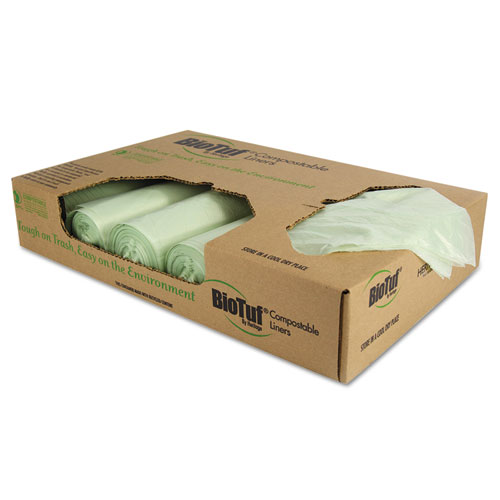 Picture of Biotuf Compostable Can Liners, 48 gal, 1 mil, 42" x 48", Green, 20 Bags/Roll, 5 Rolls/Carton