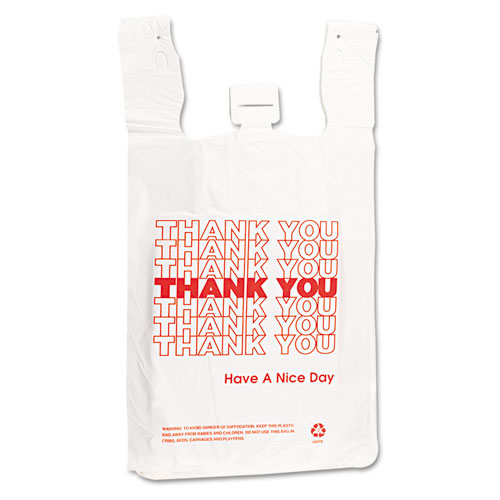 Picture of Plastic Thank-You T-Sack, Thank You - Have a Nice Day Labeling, Cut-Out Handles, 4" x 6" x 15", White/Red, 2,000/Carton