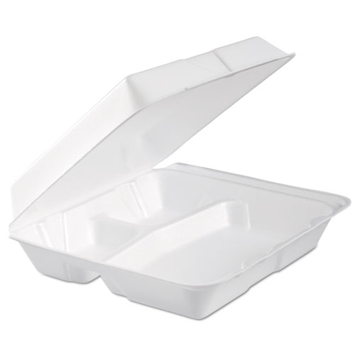 Picture of Foam Hinged Lid Container, 3-Compartment, 9.3 x 9.5 x 3, White, 100/Bag, 2 Bag/Carton