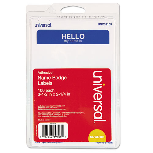 Picture of "Hello" Self-Adhesive Name Badges, 3.5 x 2.25, White/Blue, 100/Pack