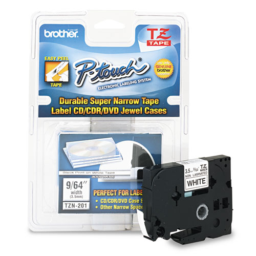 Picture of TZ Super-Narrow Non-Laminated Tape for P-Touch Labeler, 0.13" x 26.2 ft, Black on White