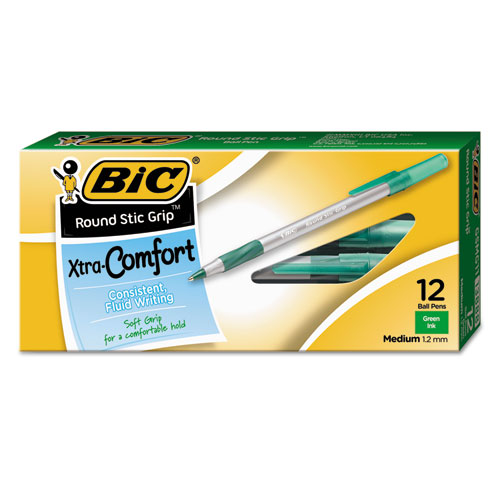 Picture of Round Stic Grip Xtra Comfort Ballpoint Pen, Easy-Glide System, Stick, Medium 1.2 mm, Green Ink, Gray/Green Barrel, Dozen