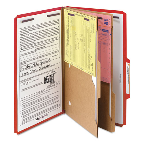 Picture of 6-Section Pressboard Top Tab Pocket Classification Folders, 6 SafeSHIELD Fasteners, 2 Dividers, Legal Size, Bright Red, 10/BX