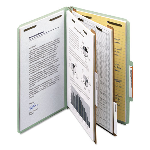 Picture of Recycled Pressboard Classification Folders, 2" Expansion, 2 Dividers, 6 Fasteners, Legal Size, Gray-Green, 10/Box