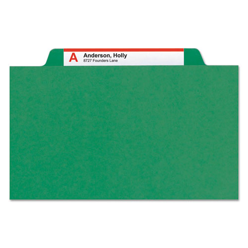 Picture of Four-Section Pressboard Top Tab Classification Folders, Four SafeSHIELD Fasteners, 1 Divider, Letter Size, Green, 10/Box