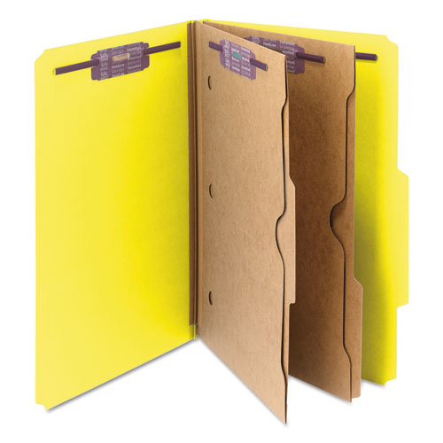 Picture of 6-Section Pressboard Top Tab Pocket Classification Folders, 6 SafeSHIELD Fasteners, 2 Dividers, Legal Size, Yellow, 10/Box