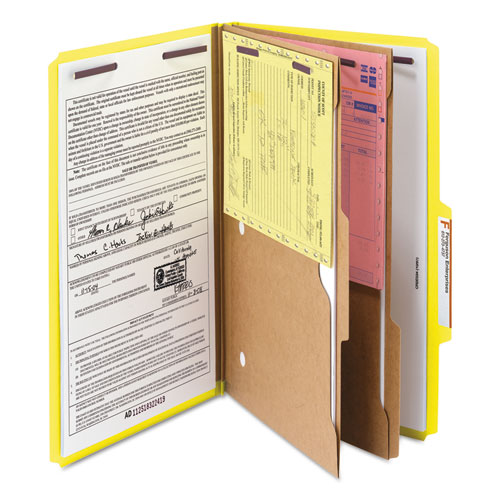 Picture of 6-Section Pressboard Top Tab Pocket Classification Folders, 6 SafeSHIELD Fasteners, 2 Dividers, Legal Size, Yellow, 10/Box