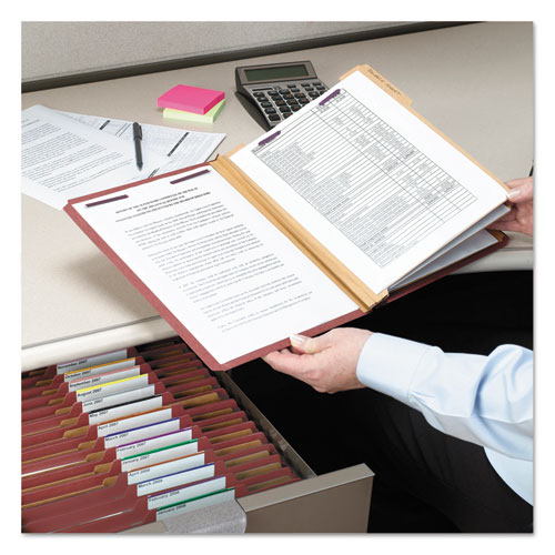 Picture of Pressboard Classification Folders, Eight SafeSHIELD Fasteners, 2/5-Cut Tabs, 3 Dividers, Legal Size, Red, 10/Box