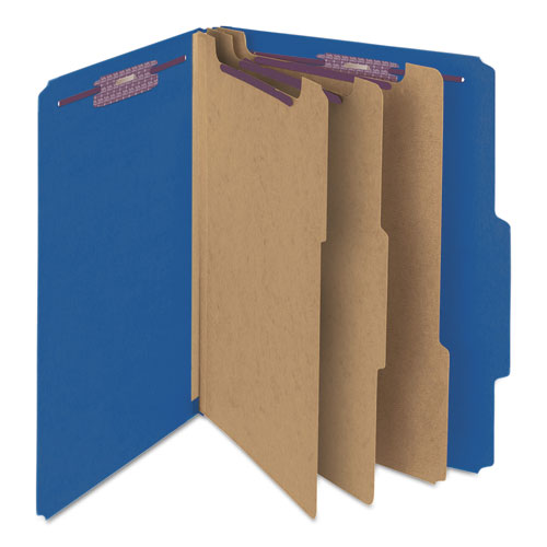 Picture of Eight-Section Pressboard Top Tab Classification Folders, 8 SafeSHIELD Fasteners, 3 Dividers, Legal Size, Dark Blue, 10/Box