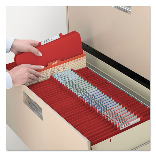 Picture of Four-Section Pressboard Top Tab Classification Folders, Four SafeSHIELD Fasteners, 1 Divider, Legal Size, Bright Red, 10/Box