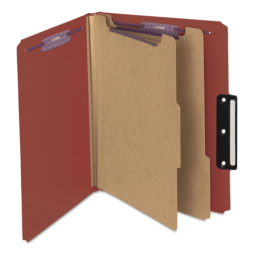 Picture of Pressboard Classification Folders, Six SafeSHIELD Fasteners, 1/3-Cut Tabs, 2 Dividers, Letter Size, Red, 10/Box