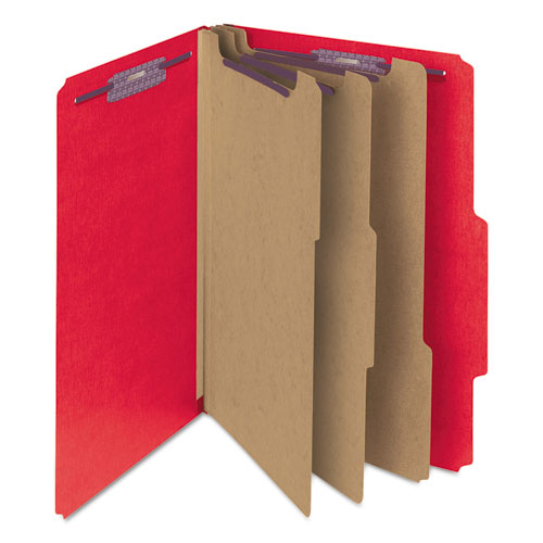 Picture of Eight-Section Pressboard Top Tab Classification Folders, 8 SafeSHIELD Fasteners, 3 Dividers, Letter Size, Bright Red, 10/Box