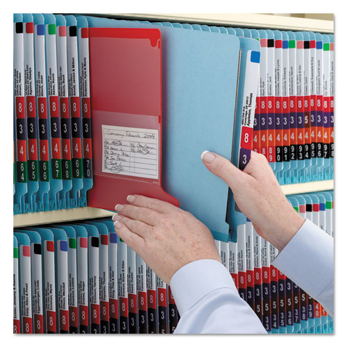 Picture of End Tab Pressboard Classification Folders, Six SafeSHIELD Fasteners, 2" Expansion, 2 Dividers, Legal Size, Blue, 10/Box