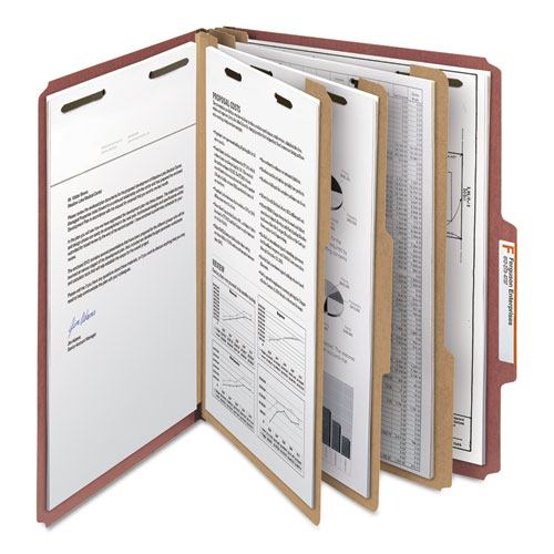 Picture of Recycled Pressboard Classification Folders, 3" Expansion, 3 Dividers, 8 Fasteners, Letter Size, Red Exterior, 10/Box