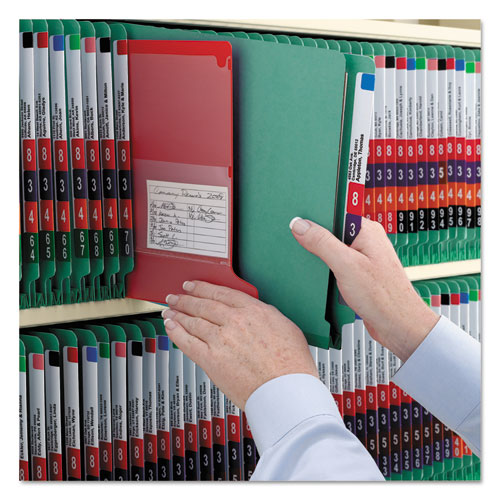 Picture of End Tab Pressboard Classification Folders, Six SafeSHIELD Fasteners, 2" Expansion, 2 Dividers, Legal Size, Green, 10/Box