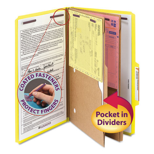 Picture of 6-Section Pressboard Top Tab Pocket Classification Folders, 6 SafeSHIELD Fasteners, 2 Dividers, Legal Size, Yellow, 10/Box