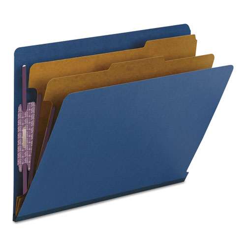 Picture of End Tab Pressboard Classification Folders, Six SafeSHIELD Fasteners, 2" Expansion, 2 Dividers, Letter Size, Dark Blue, 10/Box