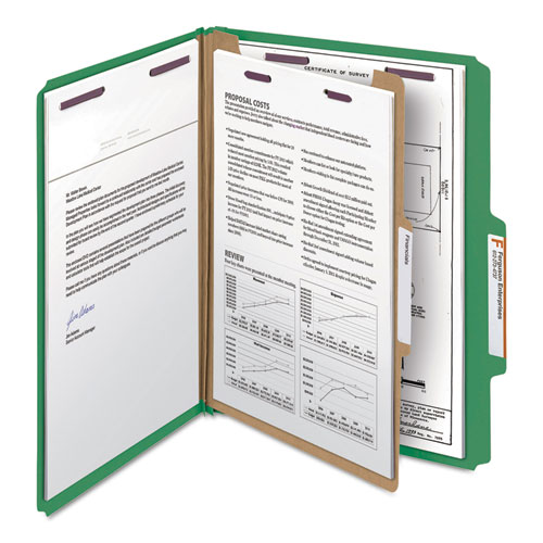 Picture of Four-Section Pressboard Top Tab Classification Folders, Four SafeSHIELD Fasteners, 1 Divider, Letter Size, Green, 10/Box