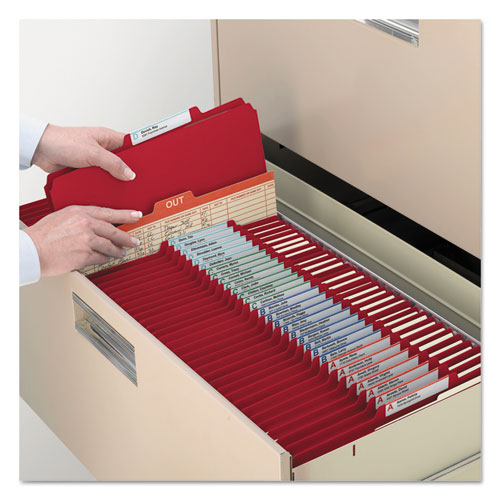 Picture of Top Tab Classification Folders, Six SafeSHIELD Fasteners, 2" Expansion, 2 Dividers, Letter Size, Red Exterior, 10/Box