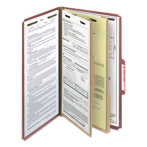 Picture of Recycled Pressboard Classification Folders, 2" Expansion, 2 Dividers, 6 Fasteners, Legal Size, Red Exterior, 10/Box