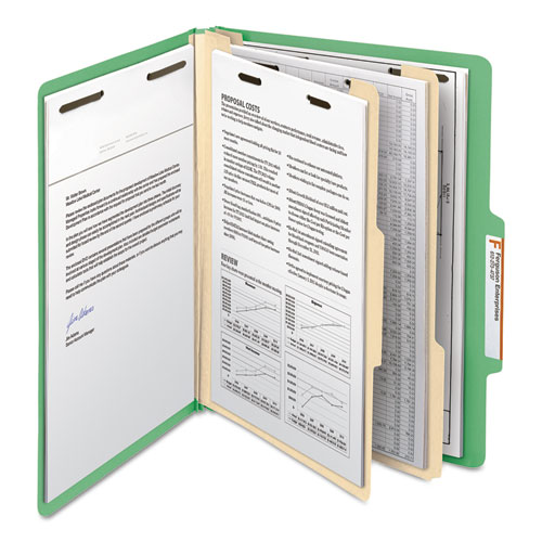 Picture of Top Tab Classification Folders, Six SafeSHIELD Fasteners, 2" Expansion, 2 Dividers, Letter Size, Green Exterior, 10/Box