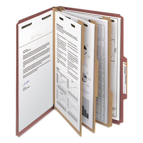 Picture of Recycled Pressboard Classification Folders, 3" Expansion, 3 Dividers, 8 Fasteners, Legal Size, Red Exterior, 10/Box