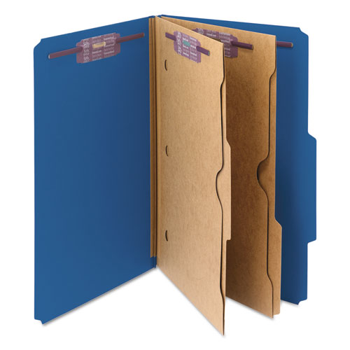 Picture of 6-Section Pressboard Top Tab Pocket Classification Folders, 6 SafeSHIELD Fasteners, 2 Dividers, Legal Size, Dark Blue, 10/Box