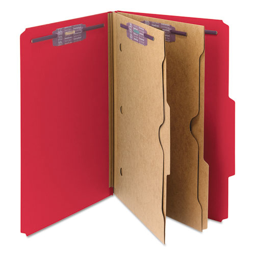 Picture of 6-Section Pressboard Top Tab Pocket Classification Folders, 6 SafeSHIELD Fasteners, 2 Dividers, Legal Size, Bright Red, 10/BX