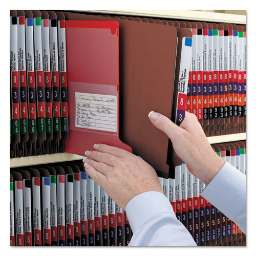 Picture of End Tab Pressboard Classification Folders, Six SafeSHIELD Fasteners, 2" Expansion, 2 Dividers, Letter Size, Red, 10/Box