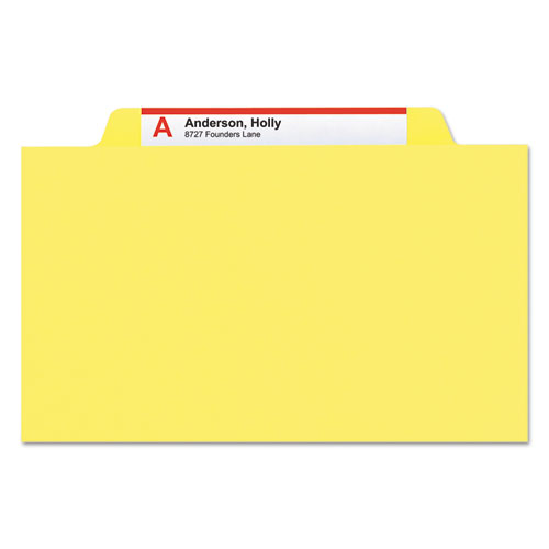 Picture of Top Tab Classification Folders, Four SafeSHIELD Fasteners, 2" Expansion, 1 Divider, Letter Size, Yellow Exterior, 10/Box