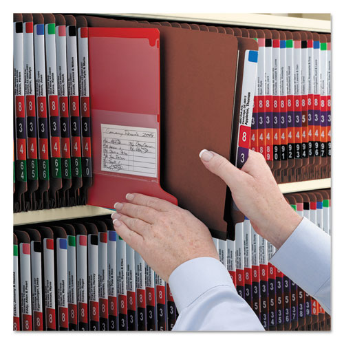 Picture of End Tab Pressboard Classification Folders, Eight SafeSHIELD Fasteners, 3" Expansion, 3 Dividers, Letter Size, Red, 10/Box