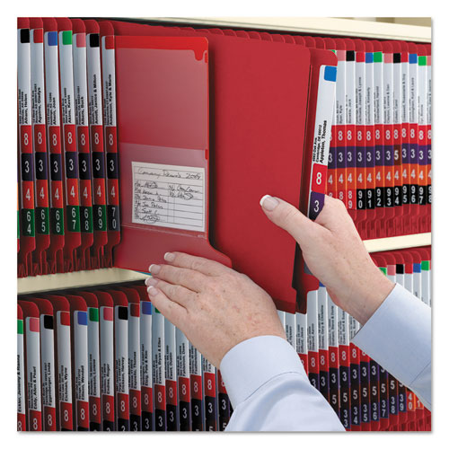 Picture of End Tab Pressboard Classification Folders, Six SafeSHIELD Fasteners, 2" Expansion, 2 Dividers, Legal Size, Bright Red, 10/Box