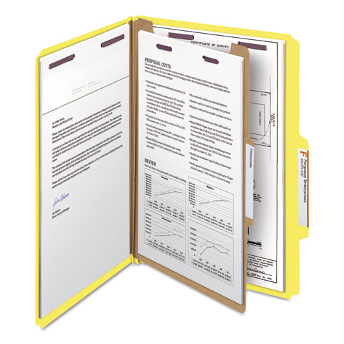 Picture of Four-Section Pressboard Top Tab Classification Folders, Four SafeSHIELD Fasteners, 1 Divider, Legal Size, Yellow, 10/Box