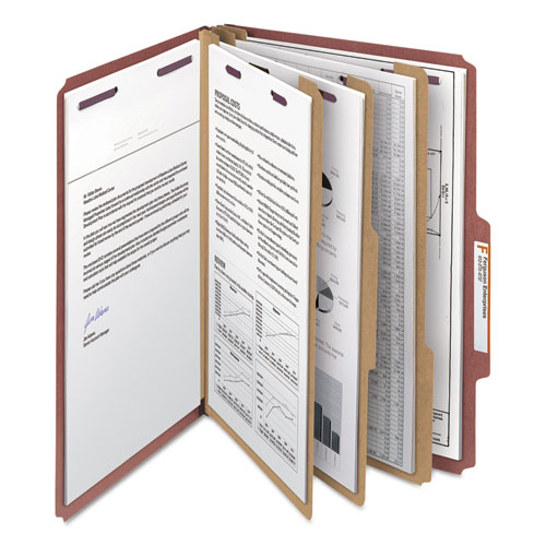 Picture of Pressboard Classification Folders, Eight SafeSHIELD Fasteners, 2/5-Cut Tabs, 3 Dividers, Legal Size, Red, 10/Box