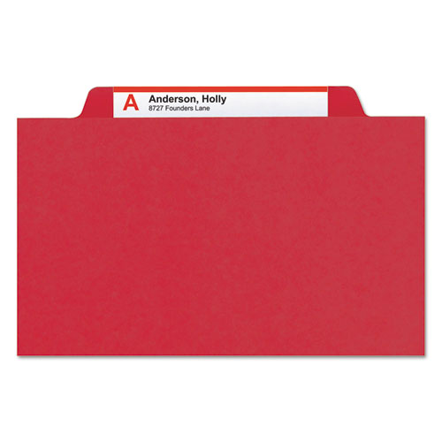 Picture of Four-Section Pressboard Top Tab Classification Folders, Four SafeSHIELD Fasteners, 1 Divider, Legal Size, Bright Red, 10/Box