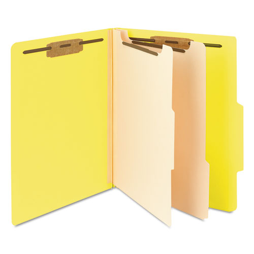 Picture of Top Tab Classification Folders, Six SafeSHIELD Fasteners, 2" Expansion, 2 Dividers, Letter Size, Yellow Exterior, 10/Box